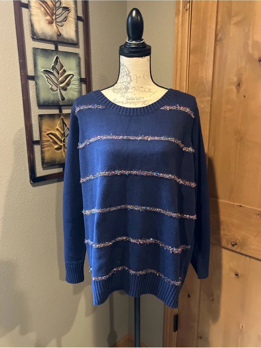 Navy Blue Women’s Crewneck Sweater with Metallic Stripe Detail